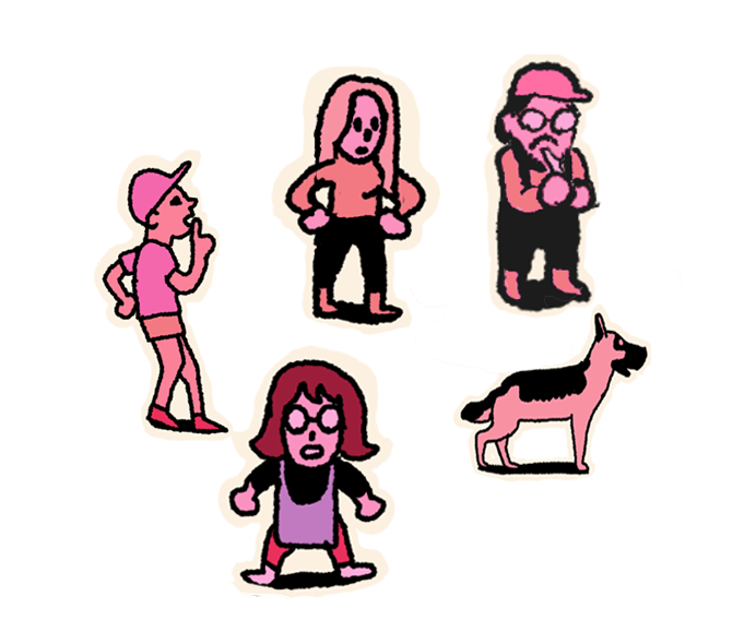 Dessin des miniquinoxes. Ils représentes l'équipe du festival équinoxe. Ils sont représentés avec une palette de couleur rose et violet, les couleurs du festival. On voit au premier plan "Pok", le chien de la directrice de production d'équinoxe. Et mascotte du festival !