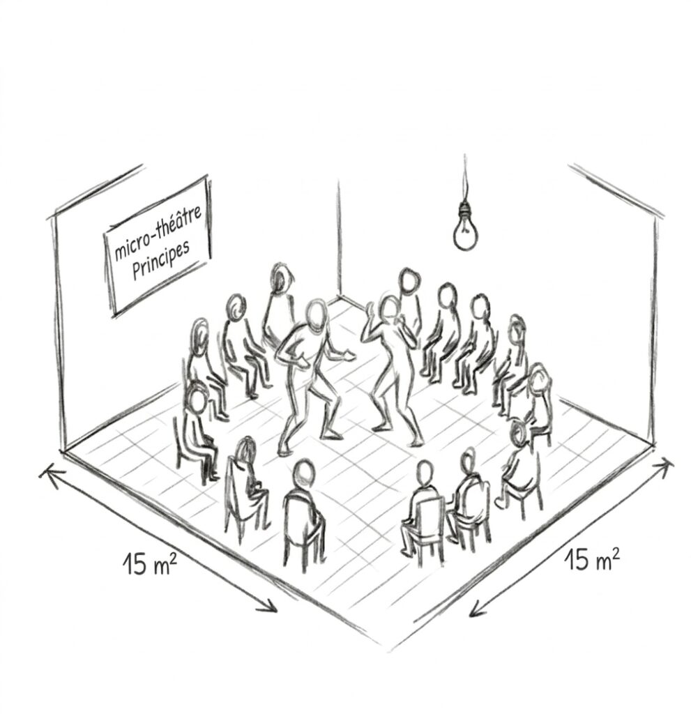 Image qui illustre ce qu'est le micro-théâtre. On y voit un groupe de 15 personnes dans une salle carré de 15 mètres carré. Au milieu de la salle on voit deux comédiens en train de jouer.