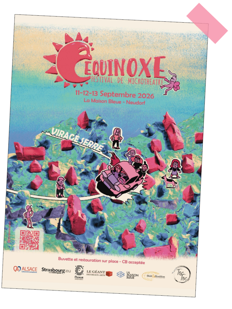Affiche de la huitième édition du festival équinoxe. On y voit des personnages dans une voiture "les mini-quinoxes"  effectuer un virage serré (c'est la thématique de cette édition) ainsi que d'autres personnages dispersés dans un village en patte à modeler.